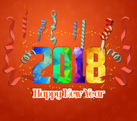 Happy New Year 2018 greeting card. Festive illustration with colorful confetti background