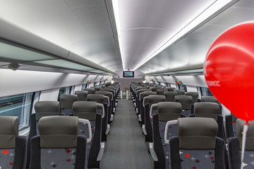 Obraz premium MOSCOW, RUSSIA - OCTOBER 27, 2017: The very first two-story high-speed train from the city to the airport. Interior 
