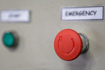 Close up of emergency stop button switch, an electrical device for safety
