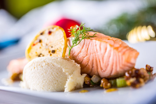 Christmas food with salmon fillet and decoration home hotel or restaurant