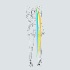 Girl stipple illustration with rainbow flare. Vector