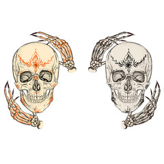 Skull and hands. Tattoos and manicures.