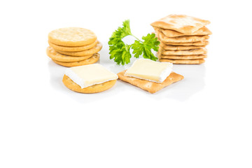 Fototapeta na wymiar Dry cracker cookies with white background