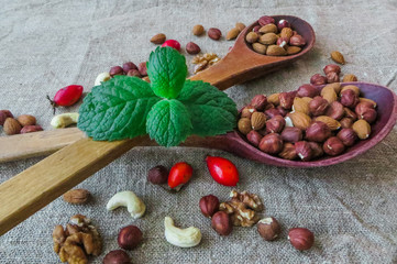 Fototapeta na wymiar hazelnut and almonds in a wooden spoon on a table.