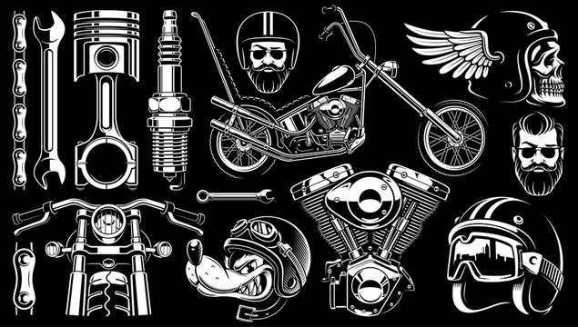 Motorcycle clipart with 14 elements on dark background (raster version)