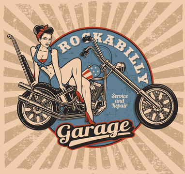 Pin up girl on motorcycle (color version) (raster version) Stock  Illustration | Adobe Stock