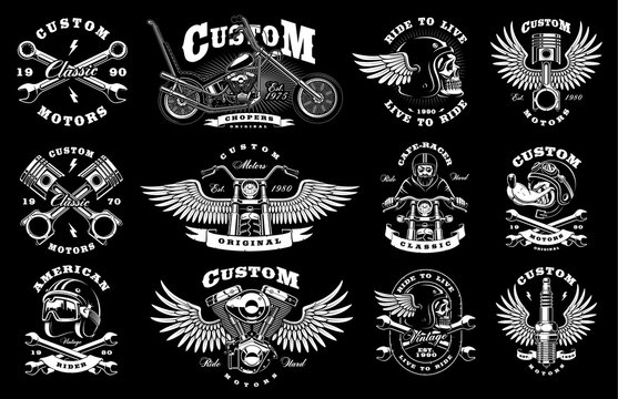 Set with 12 vintage biker illustrations on dark background (raster version)