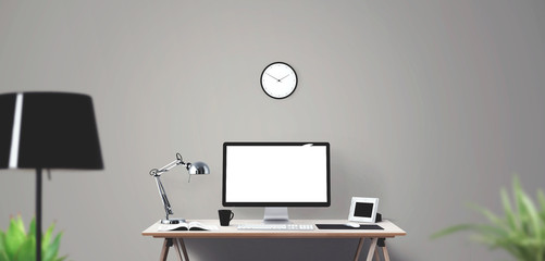 Computer display and office tools on desk. Desktop computer screen isolated. Modern creative workspace background.