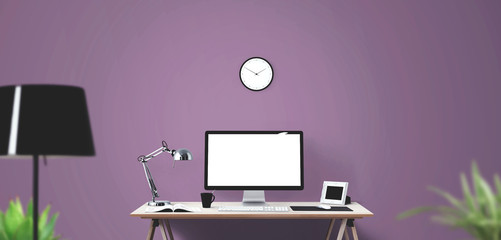 Computer display and office tools on desk. Desktop computer screen isolated. Modern creative workspace background.