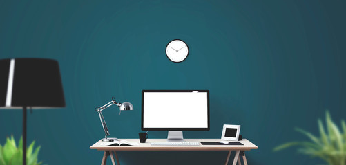 Computer display and office tools on desk. Desktop computer screen isolated. Modern creative workspace background.