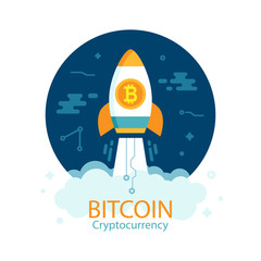 Bitcoin growth concept with rocket. Crypto currency