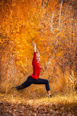 beautiful woman doing yoga outdoors in autumn