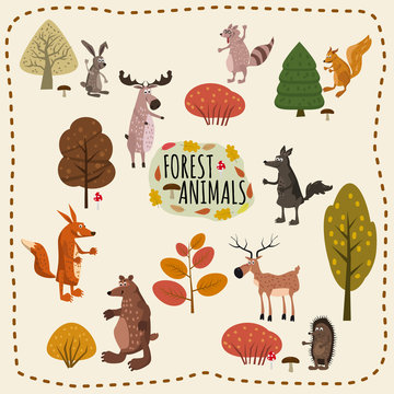 Forest animals set cute, with elements of forest, trees, mushrooms, elk, deer, wolf, squirrel, raccoon, hare, fox, hedgehog, bear, cartoon style, banner, poster, vector, illustration
