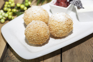 dessert, curd balls with powdered sugar