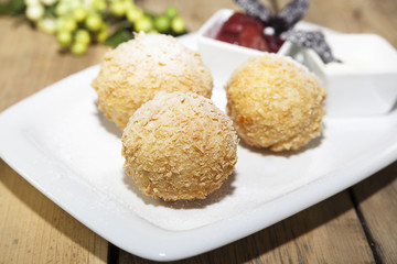 dessert, curd balls with powdered sugar