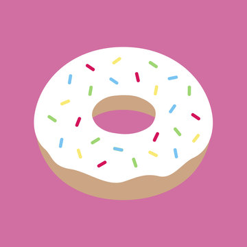 Cute yummy donut with white icing and colorful sprinkles. Doughnut dessert vector illustration doodle cartoon drawing with pink mauve background.