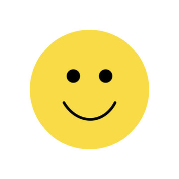 Simple emoticon smiley face, yellow smiling emoticon with black eyes and mouth, vector illustration drawing, isolated icon.