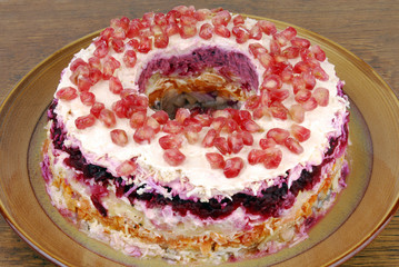traditional salad  herring dressed layered with vegetables- Selyodka pod shuboy