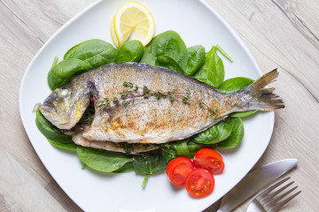 Baked Dorado with spinach and pesto sauce. Close-up. Selective focus.
