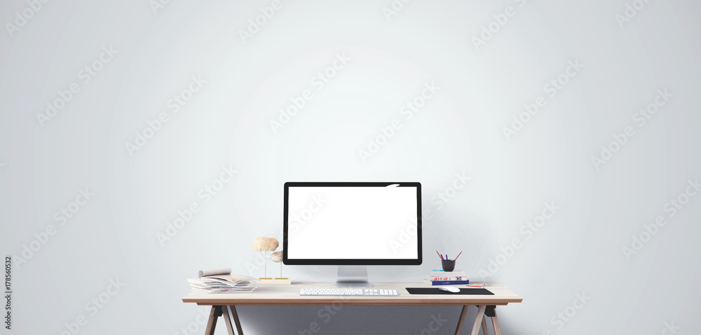 Wall mural computer display and office tools on desk. desktop computer screen isolated. modern creative workspa