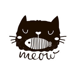 Cute cartoon cat face with fish in mouth print. Childish print for nursery, kids apparel,poster, postcard. Vector Illustration