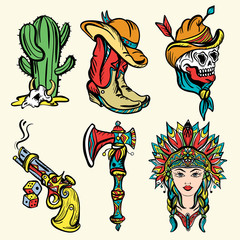 Wild west old school tattoo vector. Fashionable western set. Cowboy, cactus, indian woman, guns. Classic flash tattoo style, patches and stickers set