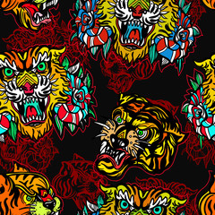 Tigers seamless pattern, old school tattoo vector. Fashionable tigers heads and flowers roses pattern. Classic flash tattoo style, patches and stickers