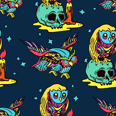 Magic owl seamless pattern, old school tattoo vector. Fashionable owls pattern. Classic flash tattoo style, patches and stickers. Template for clothes, textiles, t-shirt design