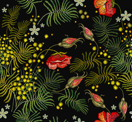 Embroidery roses and mimosa flowers seamless pattern. Beautiful red roses and yellow mimosa classical embroidery seamless pattern. Template for clothes, textiles, t-shirt design