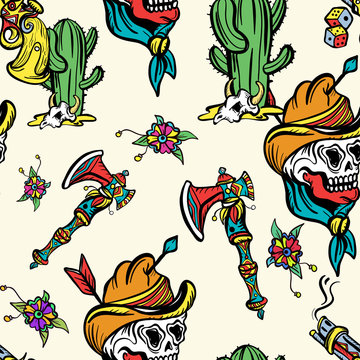 Wild west seamless pattern, old school tattoo vector. Fashionable western set. Cowboy, cactus, guns, wild west background. Classic flash tattoo style, patches and stickers