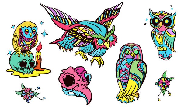 Magic owl old school tattoo vector. Fashionable owls set. Classic flash tattoo style, patches and stickers set