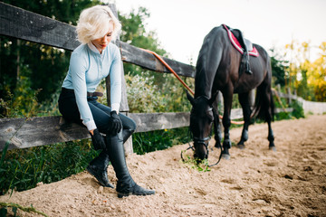 Woman and brown stallion, horseback riding