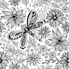 Dragonfly and flowers doodle seamless pattern, element for design.