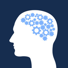 Man with cogwheel inside his head. Rational and pragmatic person with reasonable and sensible intellect and logic. Brain as instrument and mechanism. Vector illustration.