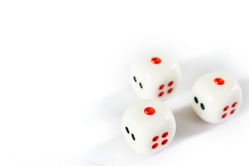 Three dices have triple one point isolated on white background.