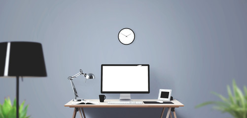 Computer display and office tools on desk. Desktop computer screen isolated.