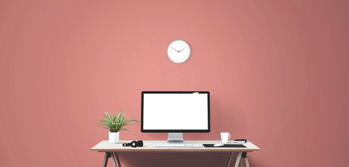 Computer display and office tools on desk. Desktop computer screen isolated. Modern creative workspace. Front view.