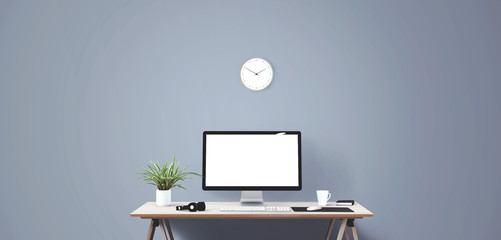 Computer display and office tools on desk. Desktop computer screen isolated. Modern creative workspace background. Front view.