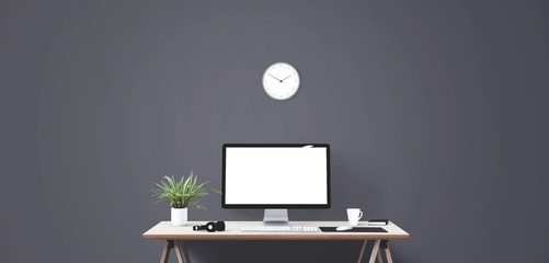 Computer display and office tools on desk. Desktop computer screen isolated. Modern creative workspace background. Front view.