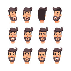 Man's head with different emotions. Cartoon vector male faces character set. Facial emotions for game or animation. Back, front, side head. Avatar of a young men with different expressions face