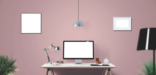 Computer display and office tools on desk. Desktop computer screen isolated. Modern creative workspace background. Front view.