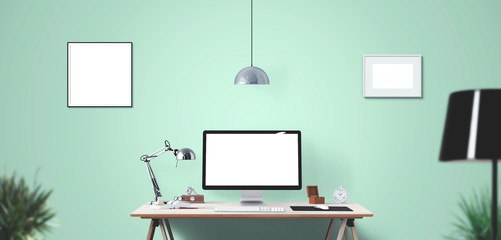 Computer display and office tools on desk. Desktop computer screen isolated. Modern creative workspace background. Front view.