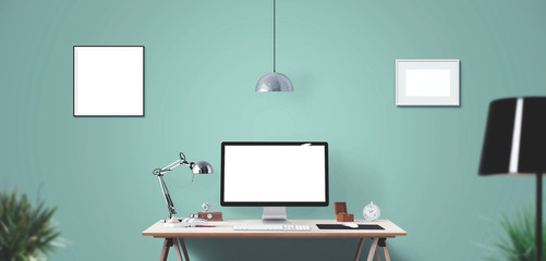 Computer display and office tools on desk. Desktop computer screen isolated. Modern creative workspace background. Front view.