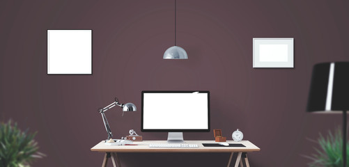 Computer display and office tools on desk. Desktop computer screen isolated. Modern creative workspace background. Front view.