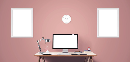 Computer display and office tools on desk. Desktop computer screen isolated. Modern creative workspace background. Front view.
