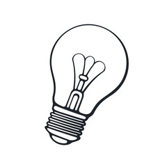 Vector illustration. Hand drawn doodle of light bulb. Energy and power sign of technology. Symbol of education, idea, inspiration and solution. Cartoon sketch. Isolated on white background