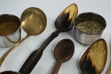 Various type of spoons with spices in bowl