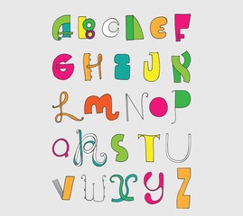 Bright letters sequence from A to Z. Bright english font in hand drawn freehand and various shape style