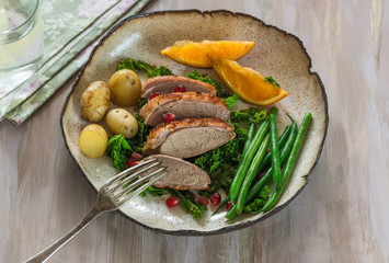 Roast duck fillets with orange marmalade and chilli glaze