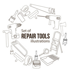 Set of building repair tools, line cartoon illustration of repair tools. Vector